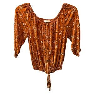 Boho Free Kisses Blouse Woman’s Size S Mustard Yellow Floral Peasant Puff Sleeve